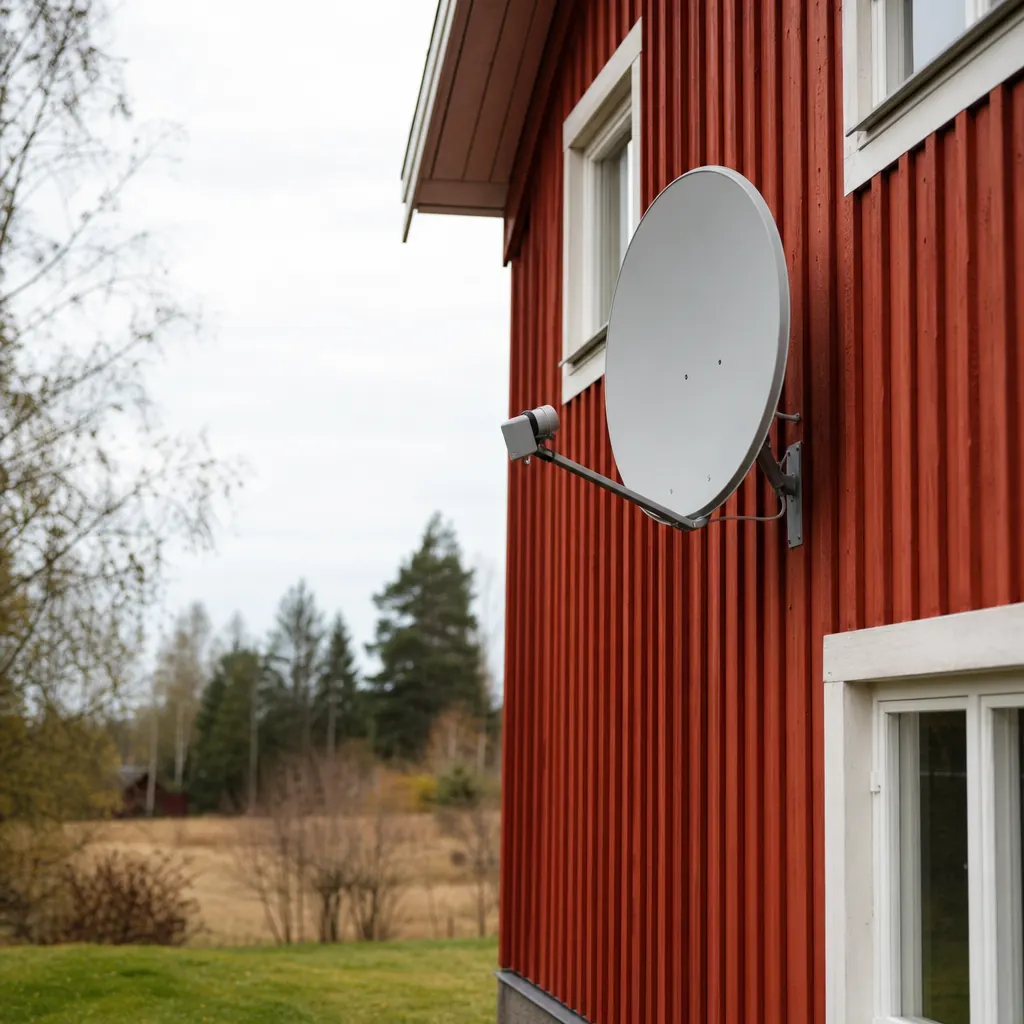 Parabolantenn på röd träfasad — Allente är ledande satellit-TV i Norden