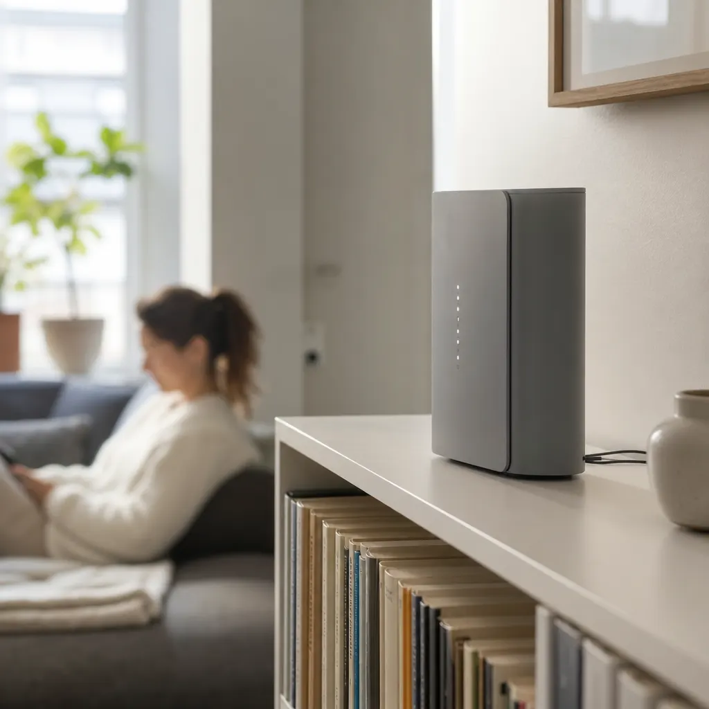Modern router på vit hylla — Bredband2 är fiberleverantör i Telia-koncernen