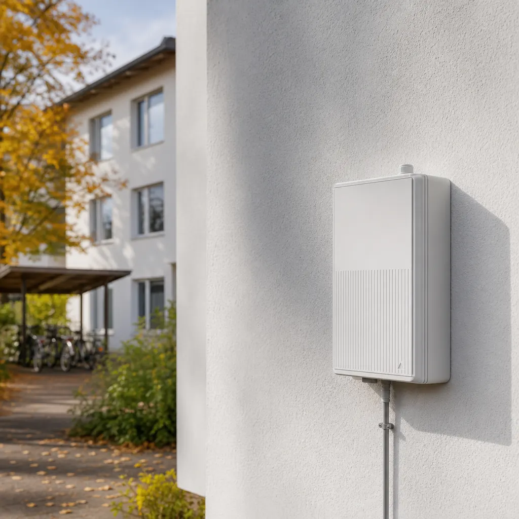 Stadsnätsbox på vit fasad — Net at Once är fiberleverantör från Småland