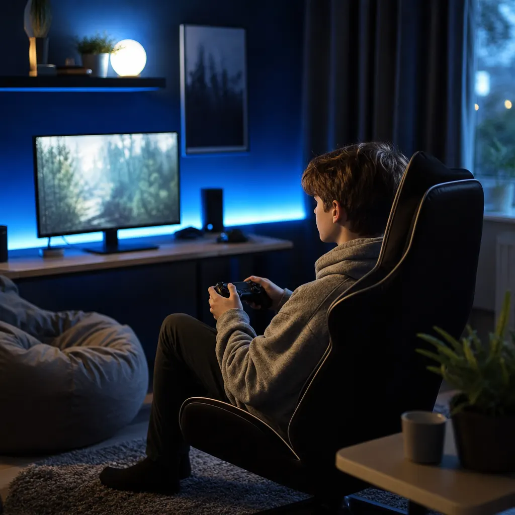 Spelarstation med mörka väggar — Ownit är populär hos gamers och tekniskt intresserade